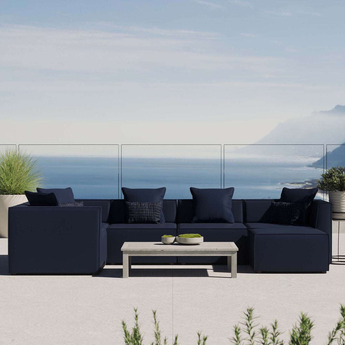 Saybrook 6-Piece Outdoor Patio Upholstered Sectional Sofa - Navy (2 Armless Chairs, 3 Corner Chairs, Ottoman)