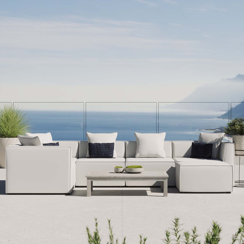 Saybrook 6-Piece Outdoor Patio Upholstered Sectional Sofa - White (2 Armless Chairs, 3 Corner Chairs, Ottoman)
