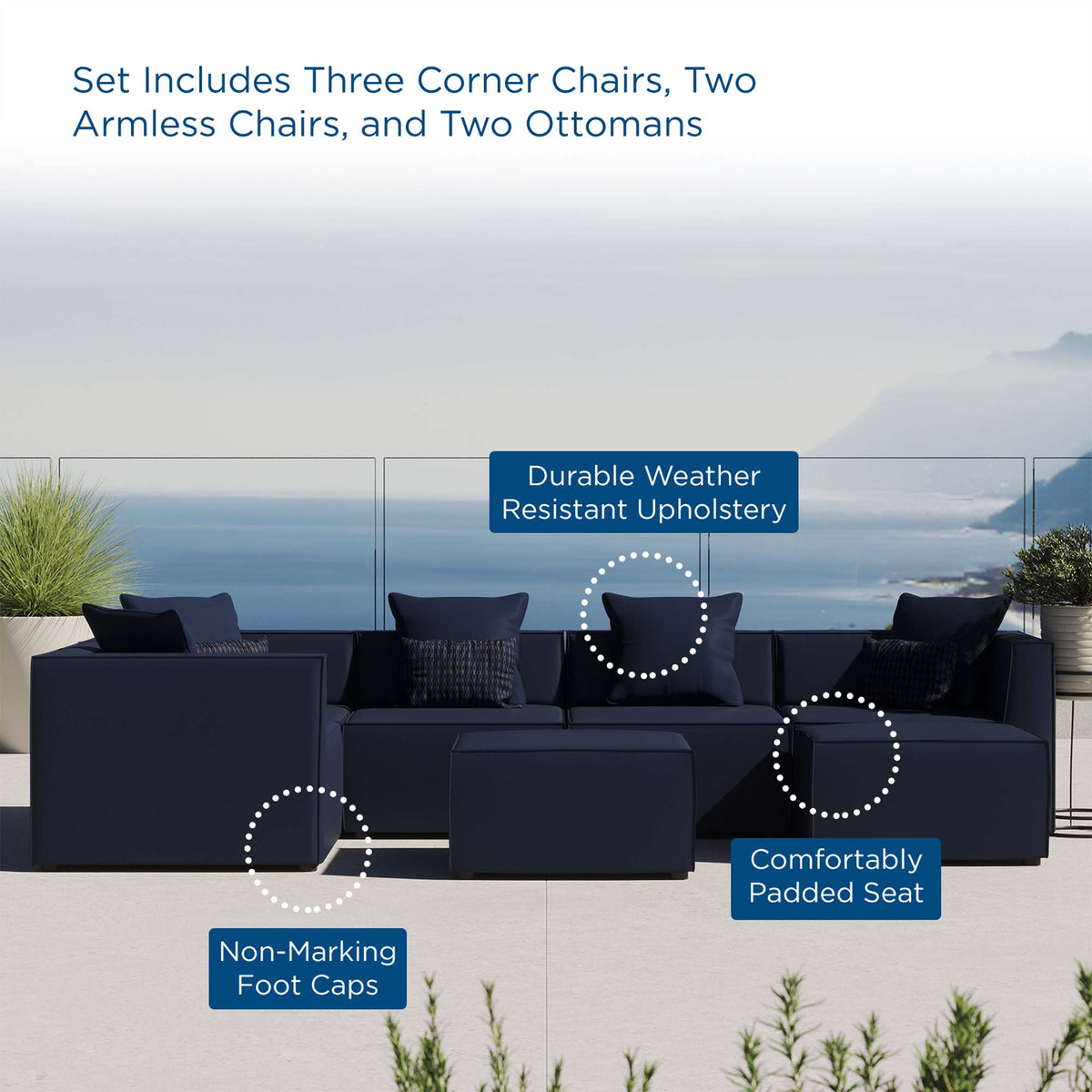 Saybrook 7-Piece Outdoor Patio Upholstered Sectional Sofa - Navy