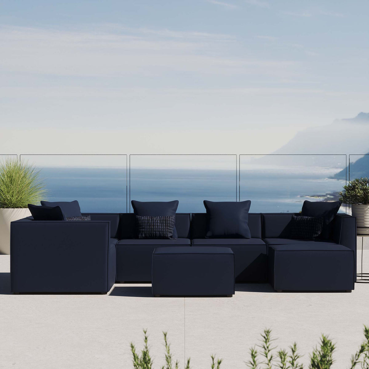Saybrook 7-Piece Outdoor Patio Upholstered Sectional Sofa - Navy