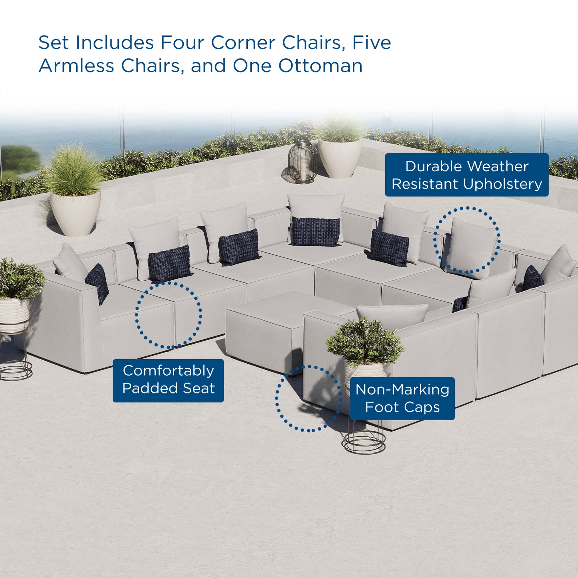 Saybrook 10-Piece Outdoor Patio Upholstered Sectional Sofa - Gray