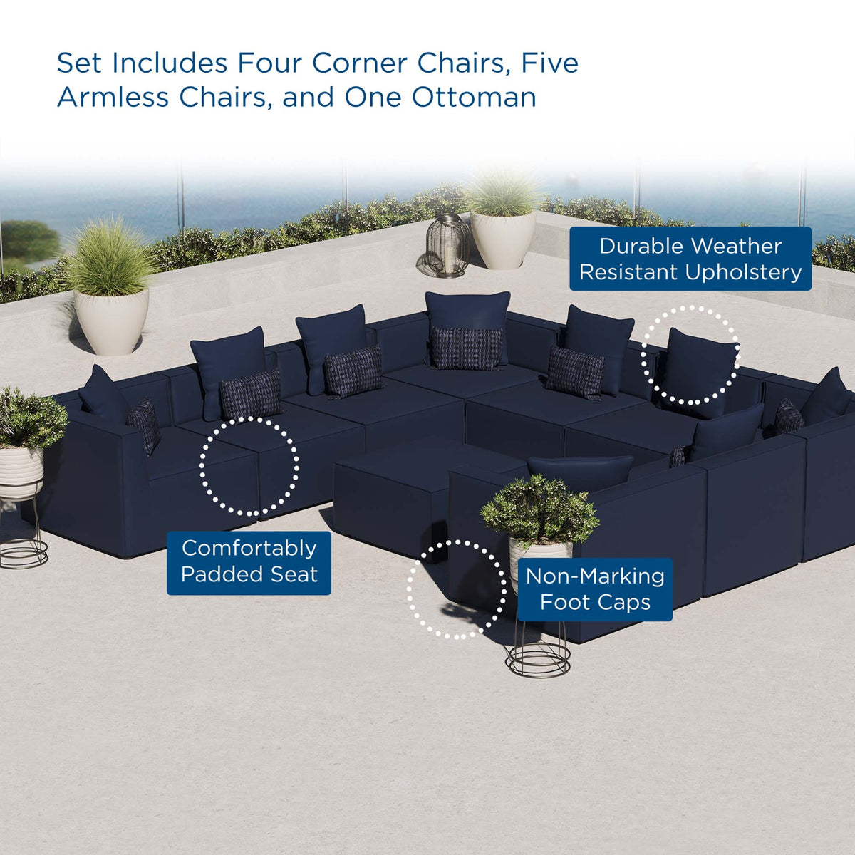 Saybrook 10-Piece Outdoor Patio Upholstered Sectional Sofa - Navy