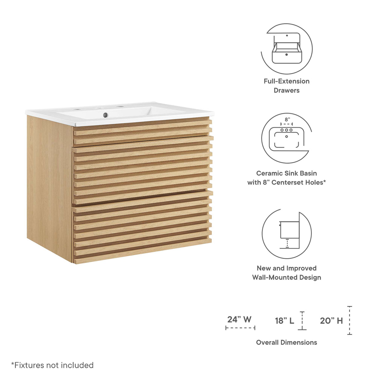 Render 24" Wall-Mount Bathroom Vanity - Oak White