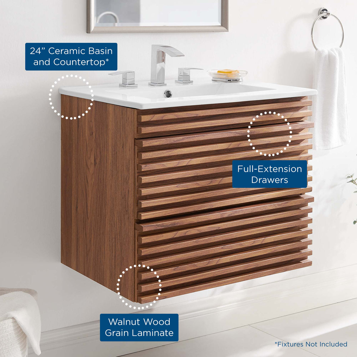 Render 24" Wall-Mount Bathroom Vanity - Walnut White