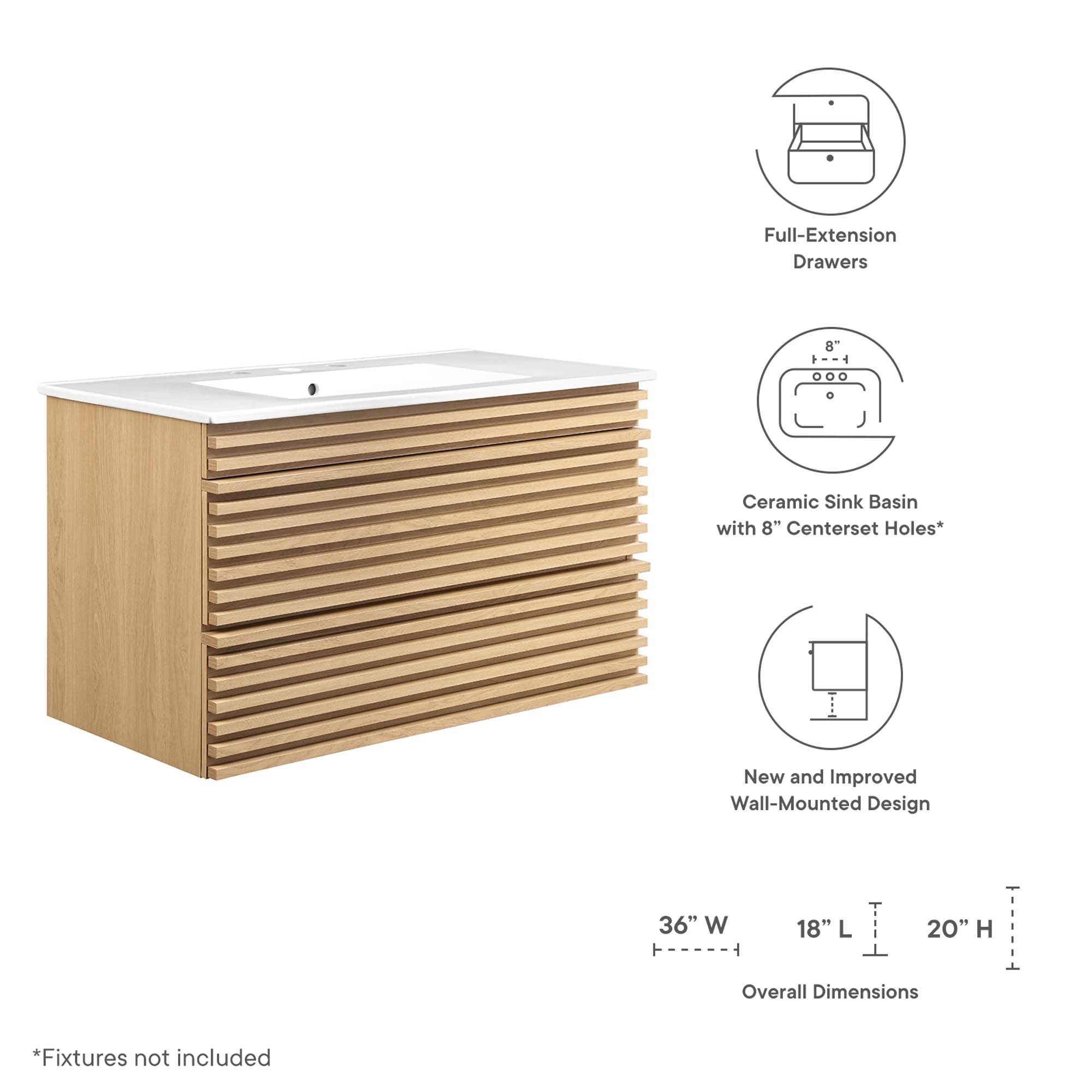 Render 36" Wall-Mount Bathroom Vanity - Oak White