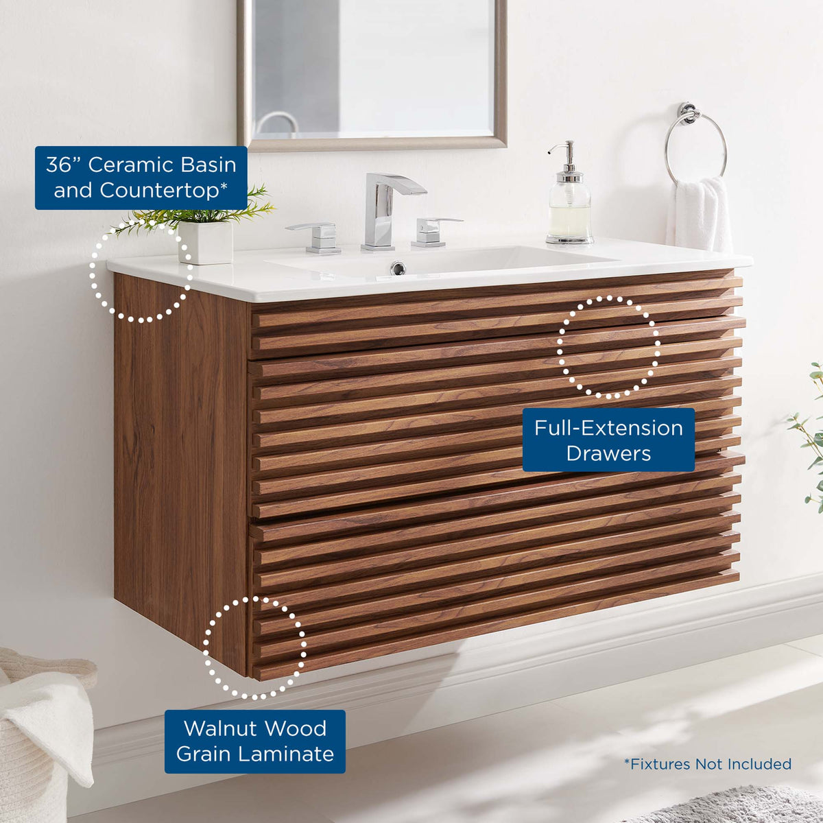 Render 36" Wall-Mount Bathroom Vanity - Walnut White