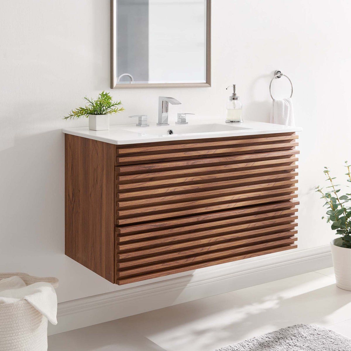 Render 36" Wall-Mount Bathroom Vanity - Walnut White