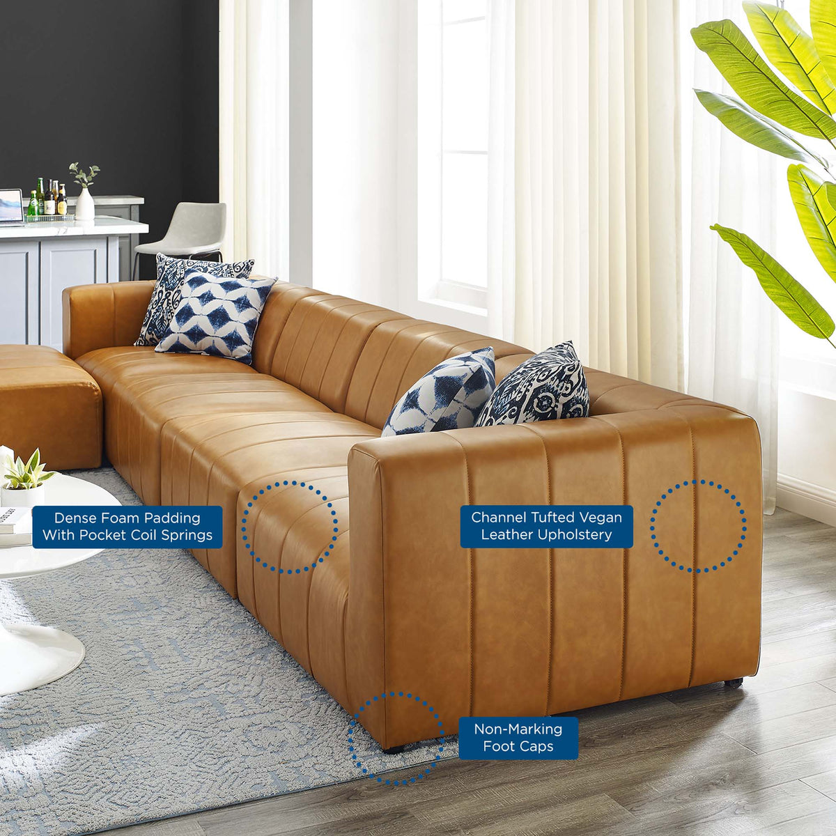 Bartlett 5-Piece Vegan Leather Sectional Sofa - Tan (2 Armless Chairs, Left-Arm Chair, Ottoman, Right-Arm Chair)