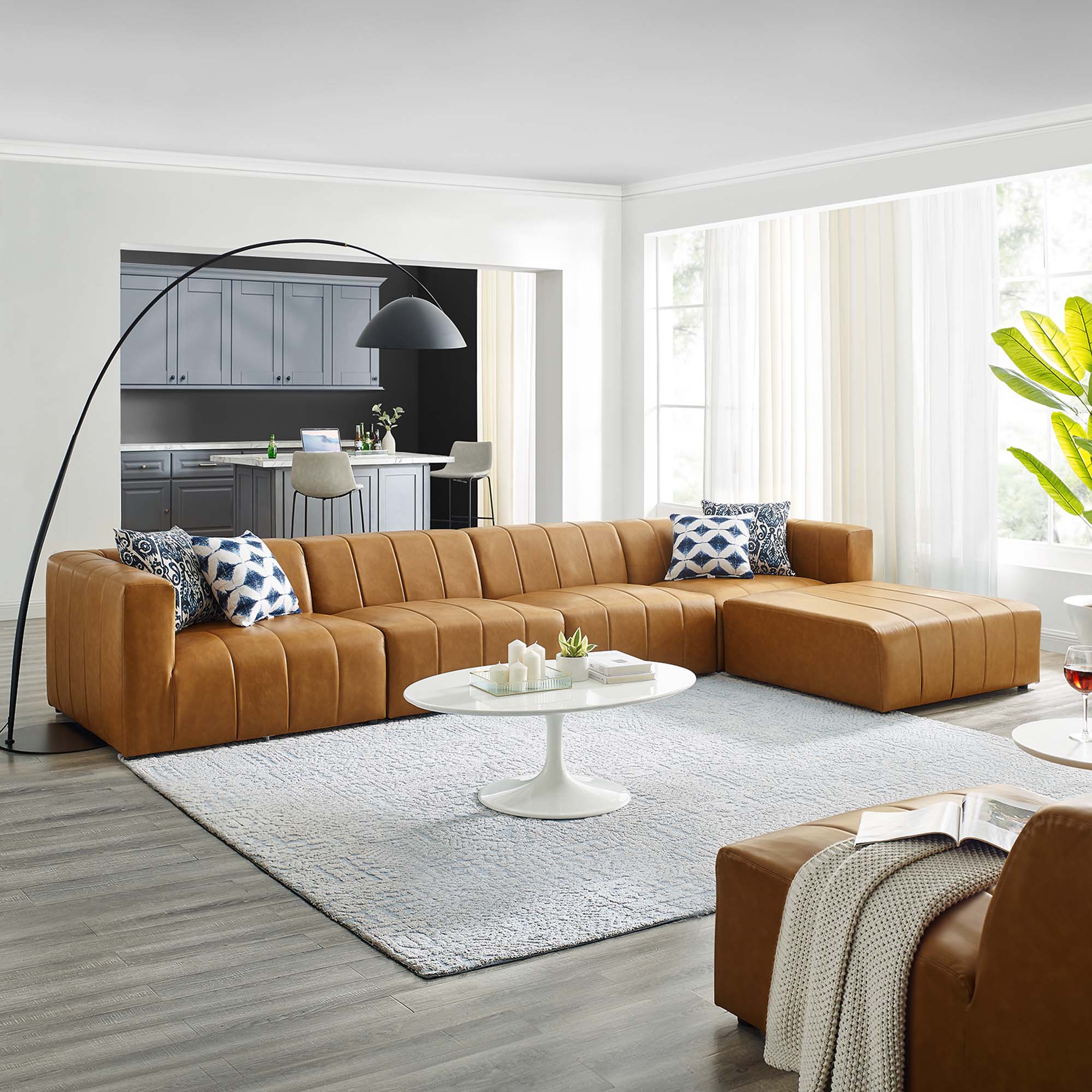Bartlett 5-Piece Vegan Leather Sectional Sofa - Tan (2 Armless Chairs, Left-Arm Chair, Ottoman, Right-Arm Chair)