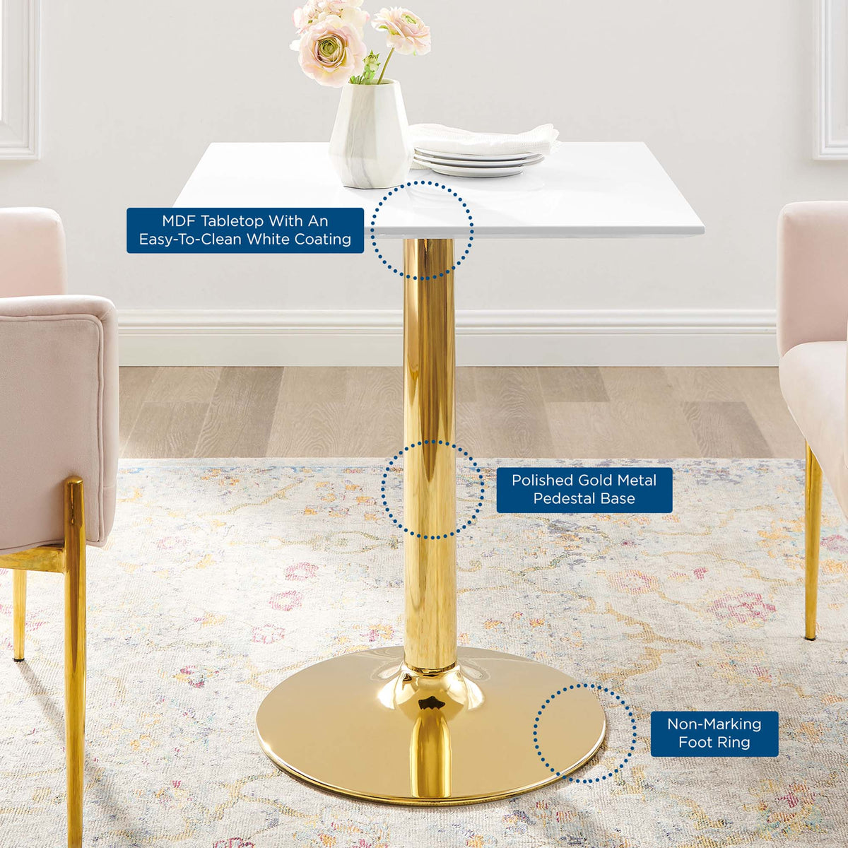 Verne 28" Square Dining Table - Gold White