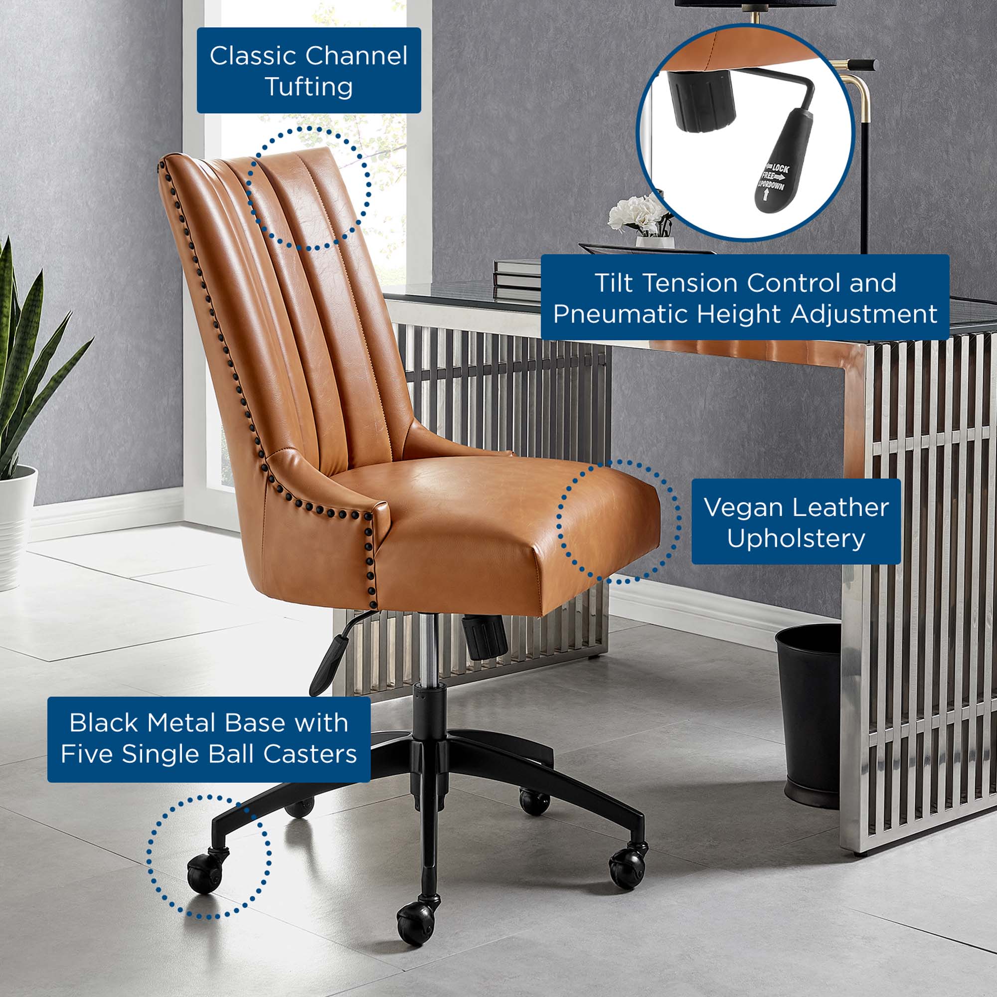 Empower Channel Tufted Vegan Leather Office Chair - Black Tan
