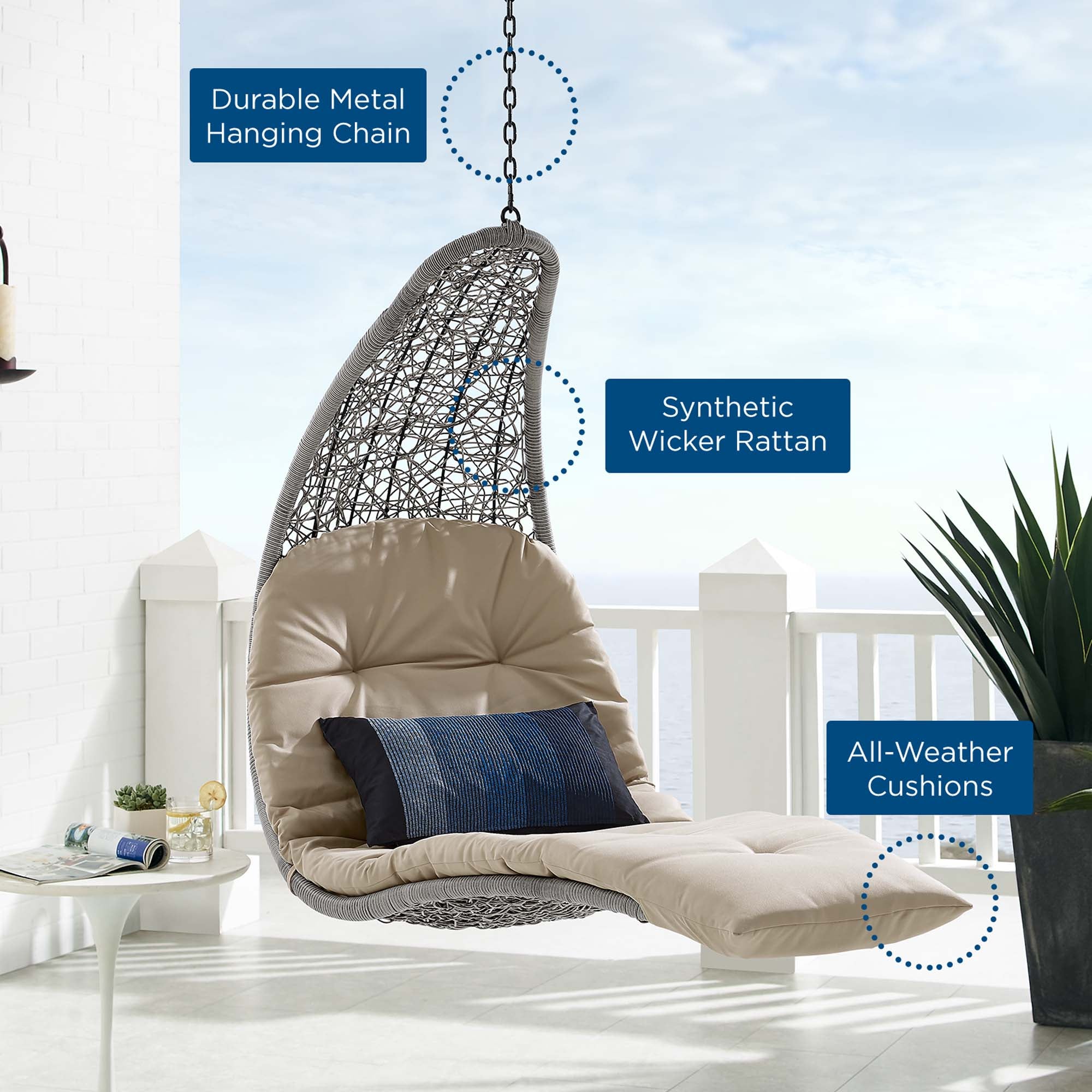 Landscape Hanging Chaise Lounge Outdoor Patio Swing Chair - Light Gray Beige (EEI-4589-LGR-BEI)