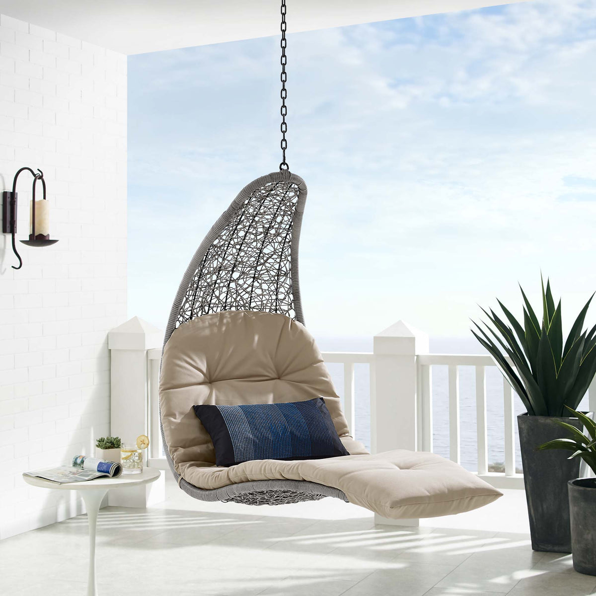 Landscape Hanging Chaise Lounge Outdoor Patio Swing Chair - Light Gray Beige (EEI-4589-LGR-BEI)