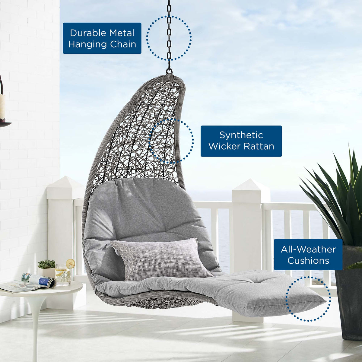 Landscape Hanging Chaise Lounge Outdoor Patio Swing Chair - Light Gray Gray (EEI-4589-LGR-GRY)