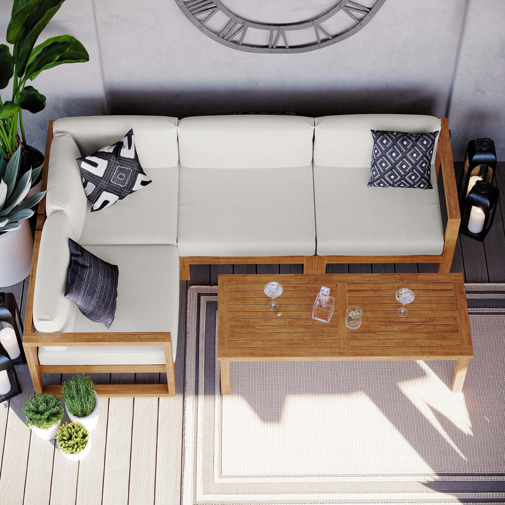 Upland 5-Piece Outdoor Patio Teak Wood Sectional Sofa Set - Natural White