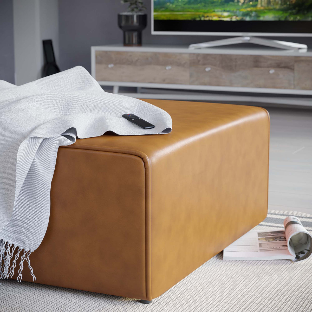 Mingle Vegan Leather Ottoman - Tan