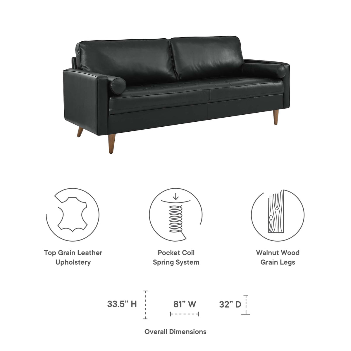 Valour 81" Leather Sofa - Black