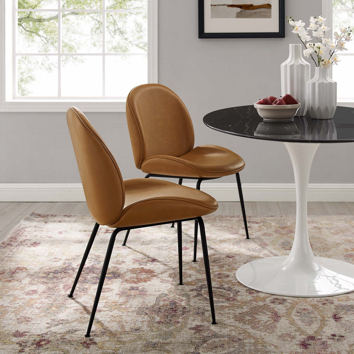 Scoop Black Powder Coated Steel Leg Vegan Leather Dining Chairs Set of 2 - Tan