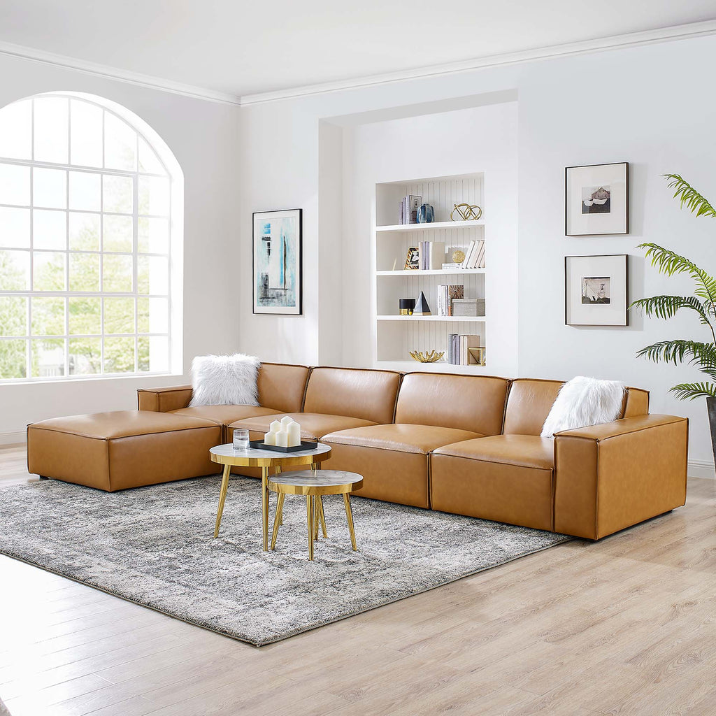 Restore 5-Piece Vegan Leather Sectional Sofa - Tan (Chair, Ottoman, Chair, 2 Armless Chairs)