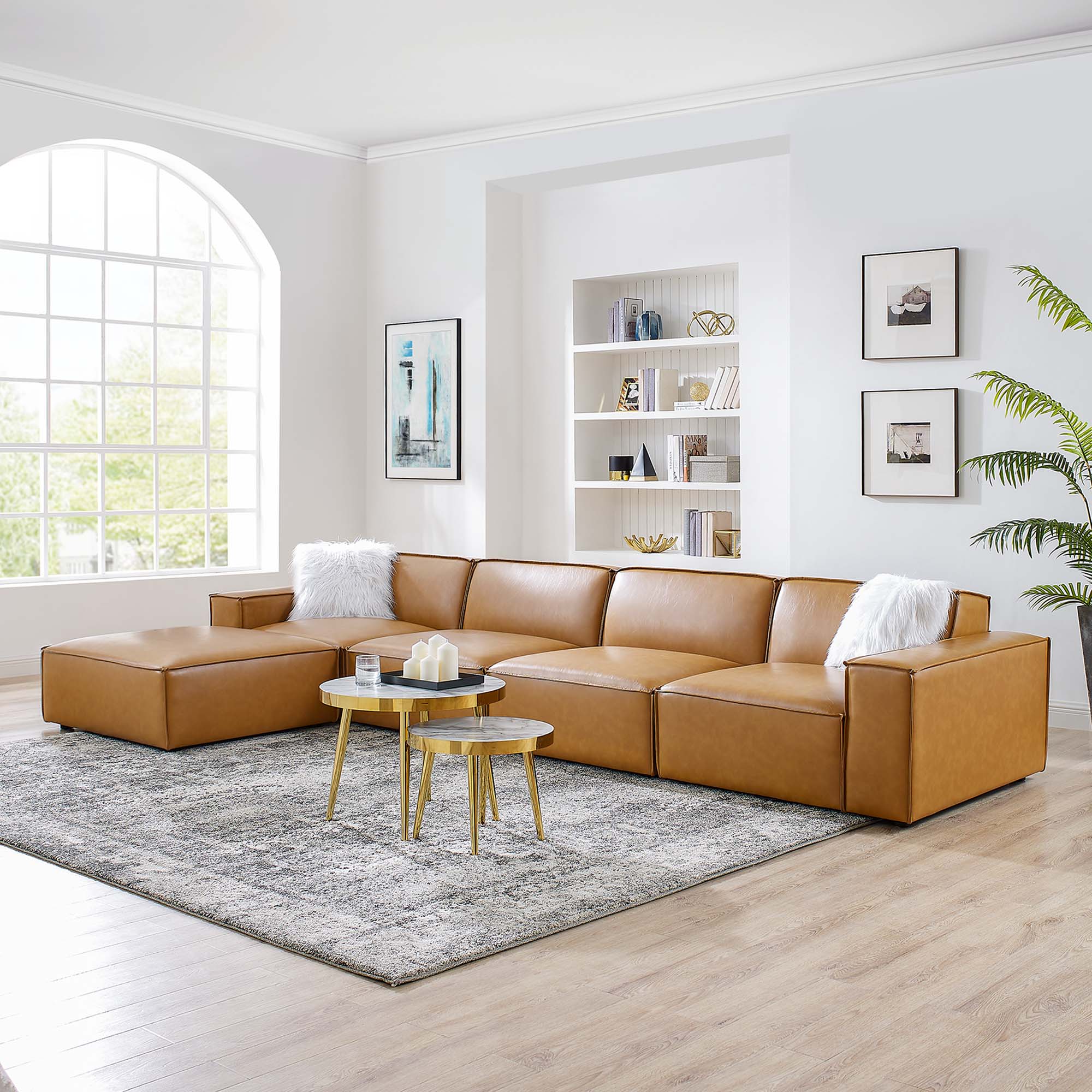 Restore 5-Piece Vegan Leather Sectional Sofa - Tan (Chair, Ottoman, Chair, 2 Armless Chairs)