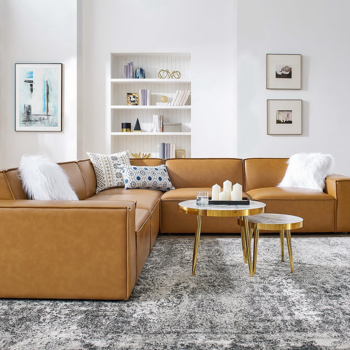Restore 5-Piece Vegan Leather Sectional Sofa - Tan (Chair, Chair, 2 Armless Chairs, Corner Chair)