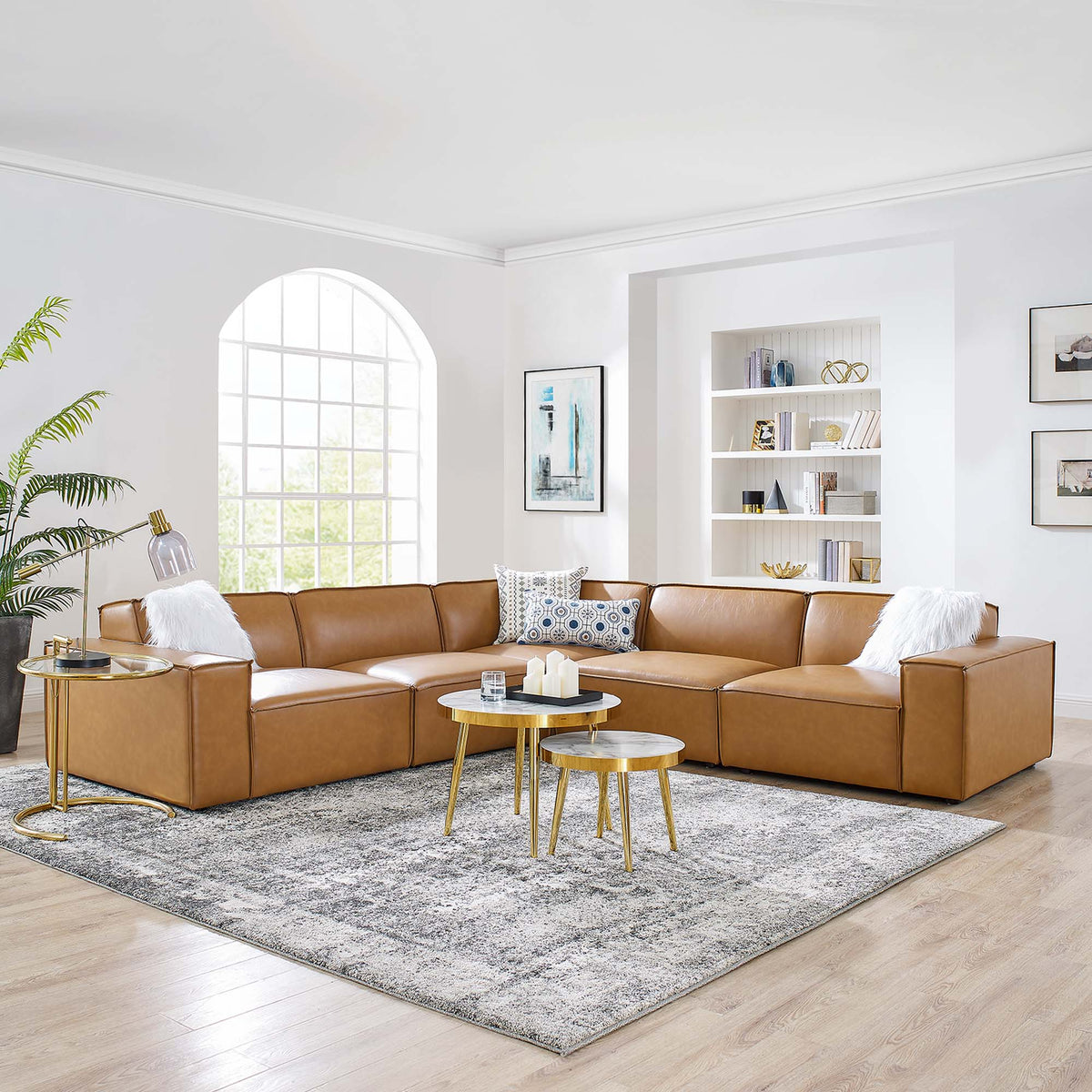 Restore 5-Piece Vegan Leather Sectional Sofa - Tan (Chair, Chair, 2 Armless Chairs, Corner Chair)