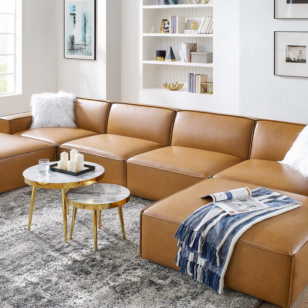 Restore 6-Piece Vegan Leather Sectional Sofa - Tan (Chair, 2 Ottomans, Chair, 2 Armless Chairs)