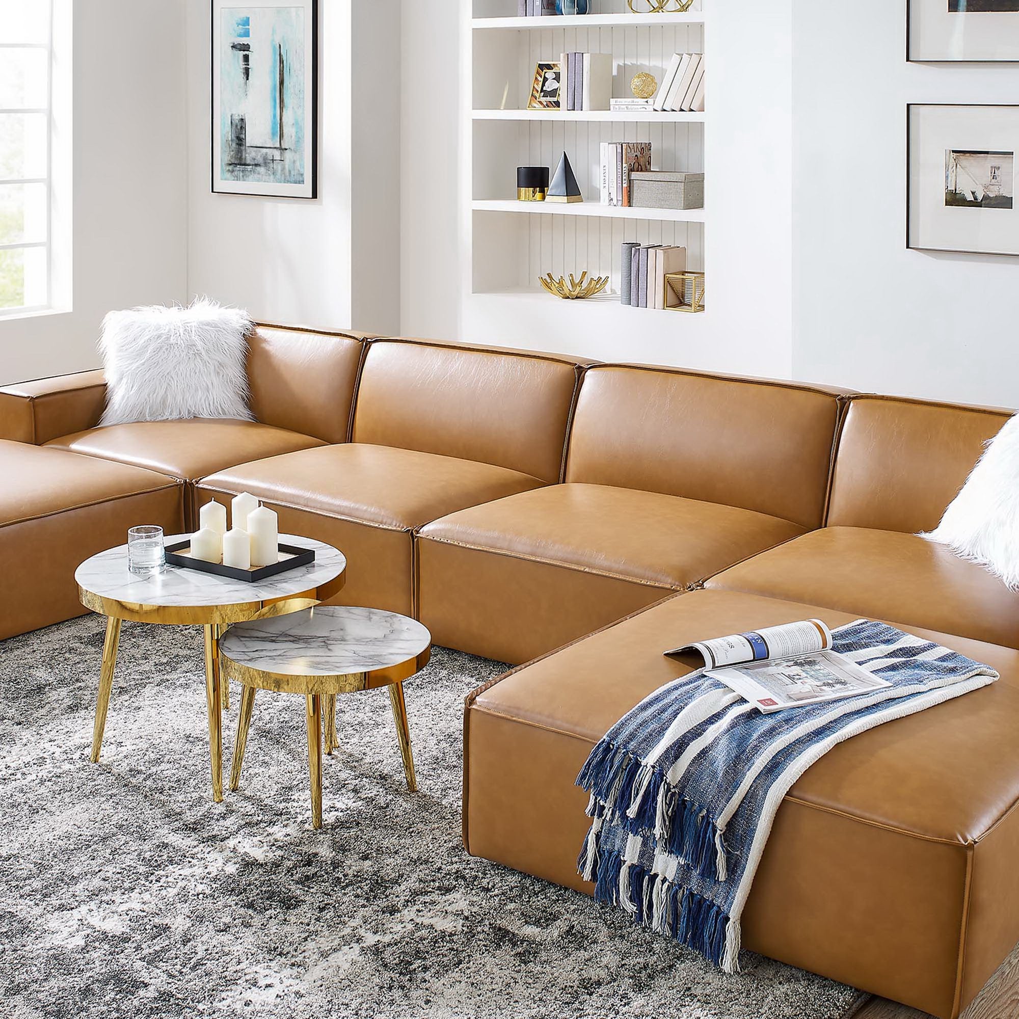 Restore 6-Piece Vegan Leather Sectional Sofa - Tan (Chair, 2 Ottomans, Chair, 2 Armless Chairs)