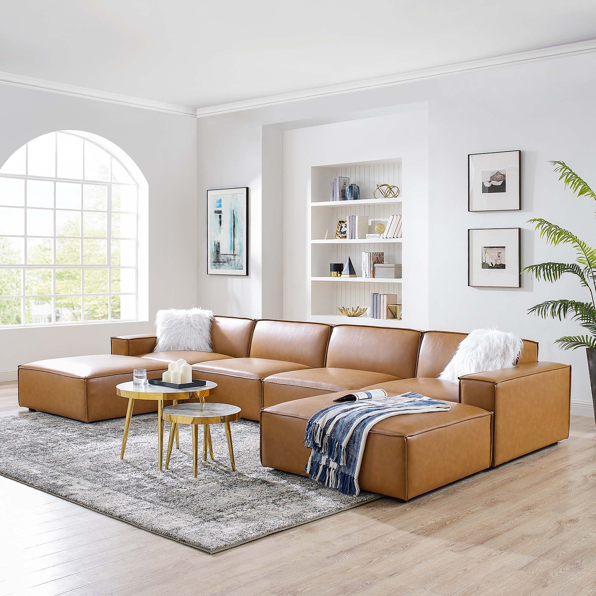 Restore 6-Piece Vegan Leather Sectional Sofa - Tan (Chair, 2 Ottomans, Chair, 2 Armless Chairs)