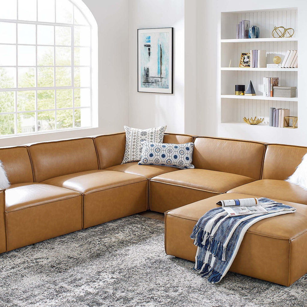 Restore 6-Piece Vegan Leather Sectional Sofa - Tan (Chair, Ottoman, Chair, 2 Armless Chairs, Corner Chair)