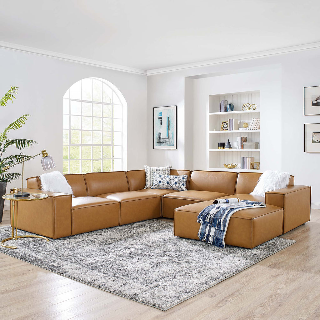 Restore 6-Piece Vegan Leather Sectional Sofa - Tan (Chair, Ottoman, Chair, 2 Armless Chairs, Corner Chair)