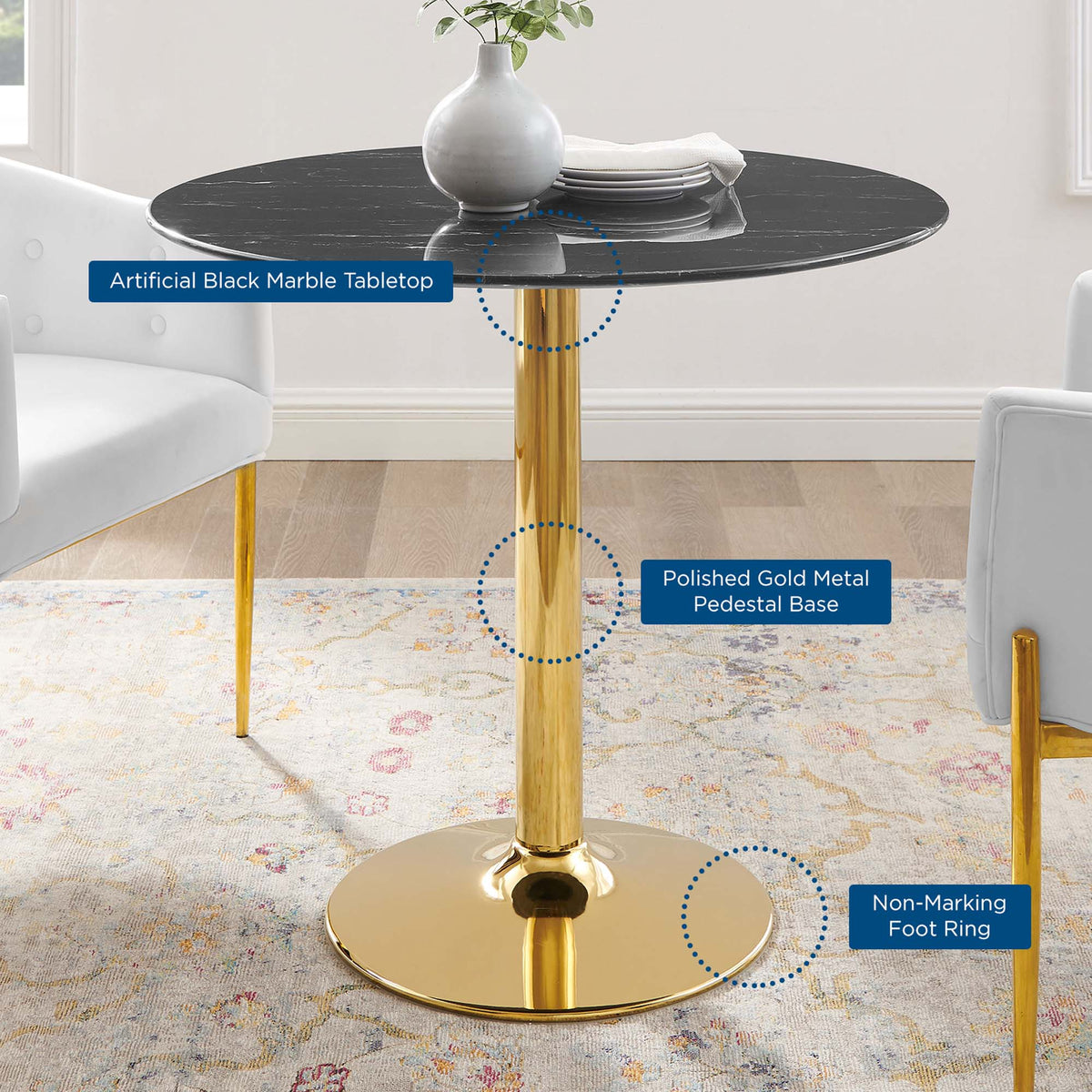 Verne 35" Artificial Marble Dining Table - Gold Black