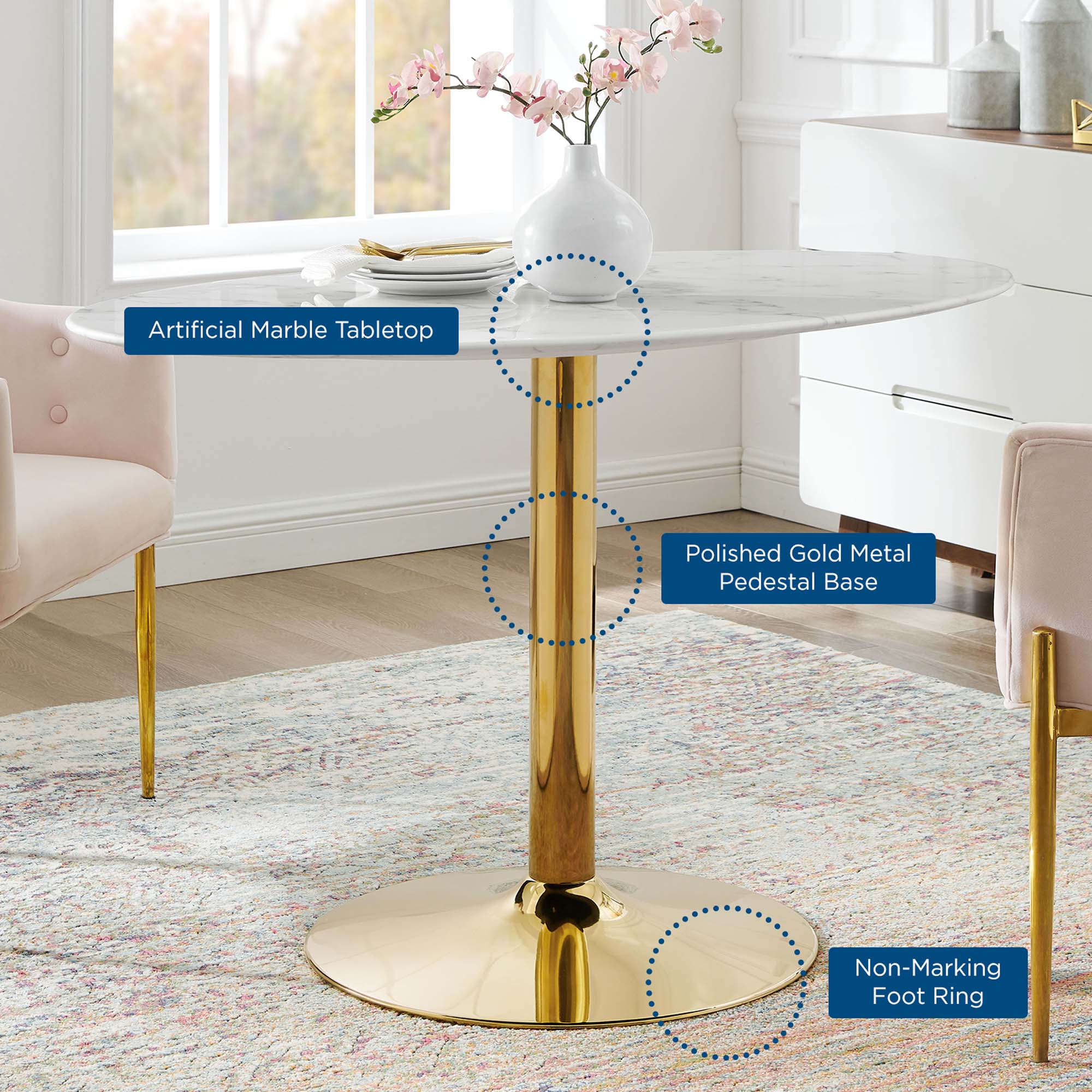 Verne 48" Oval Artificial Marble Dining Table - Gold White