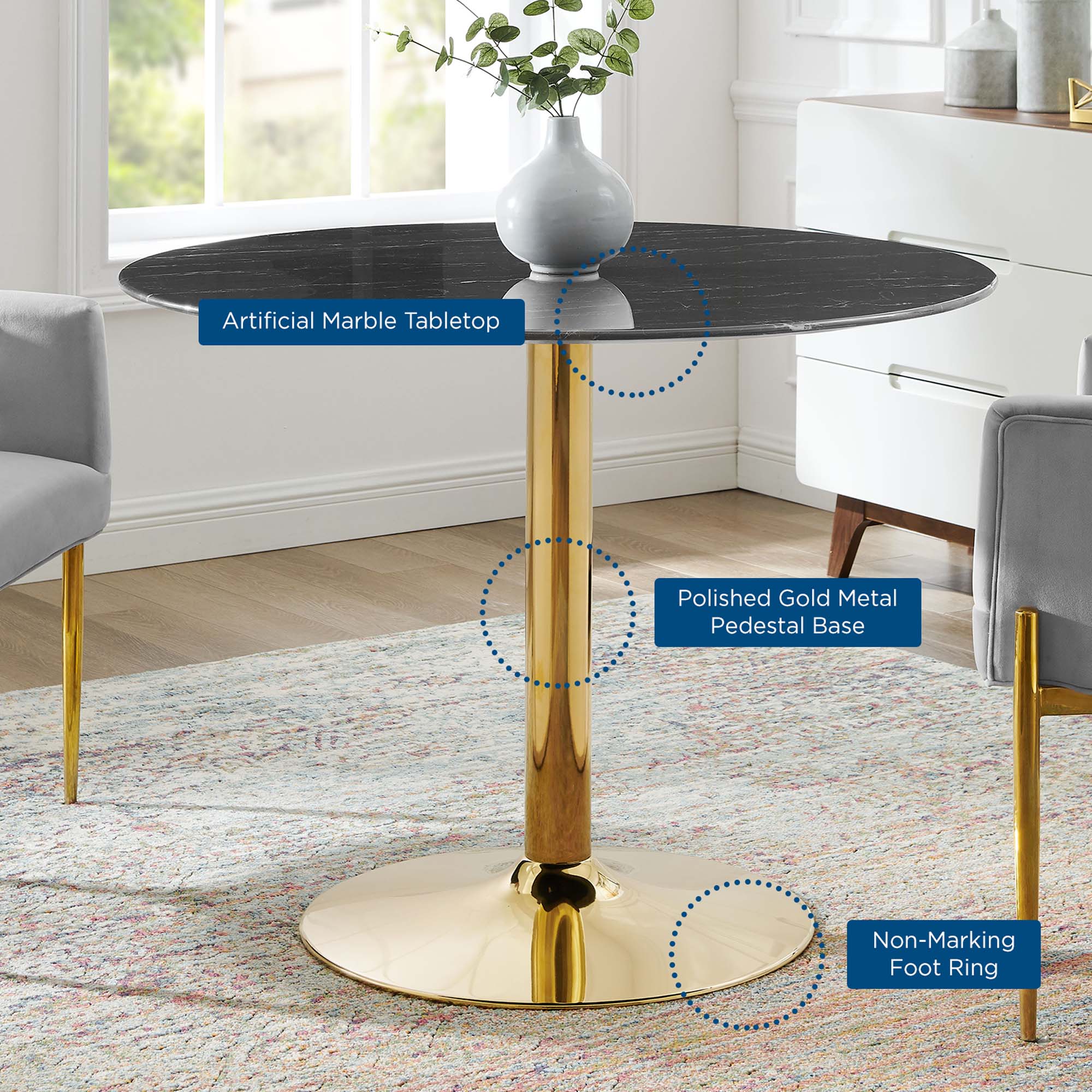 Verne 40" Artificial Marble Dining Table - Gold Black