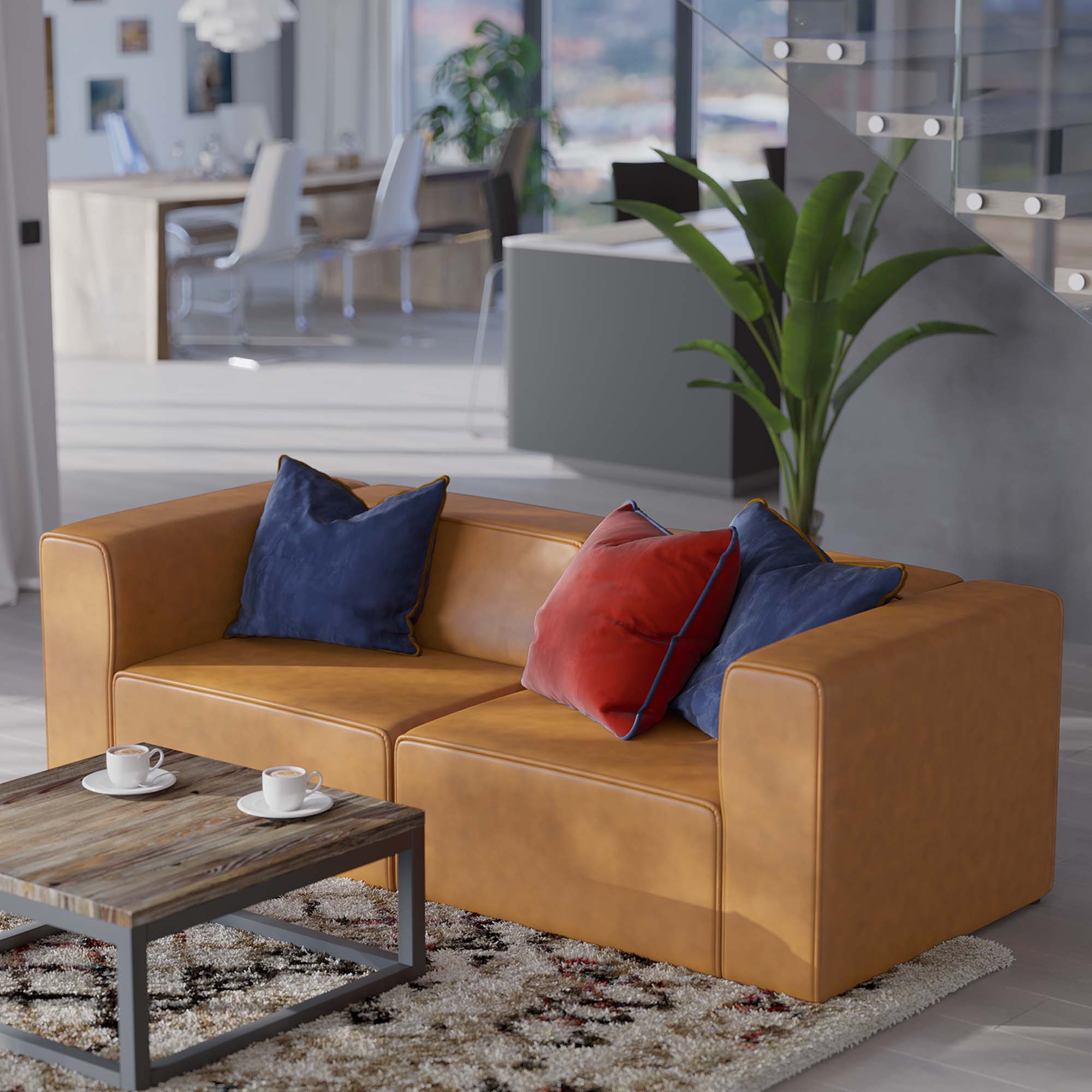 Mingle 2-Piece Vegan Leather Sectional Sofa Loveseat - Tan