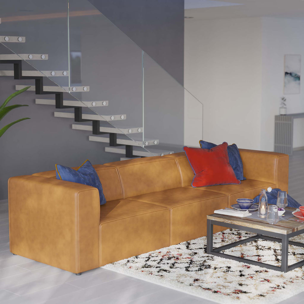 Mingle 3-Piece Vegan Leather Sectional Sofa - Tan
