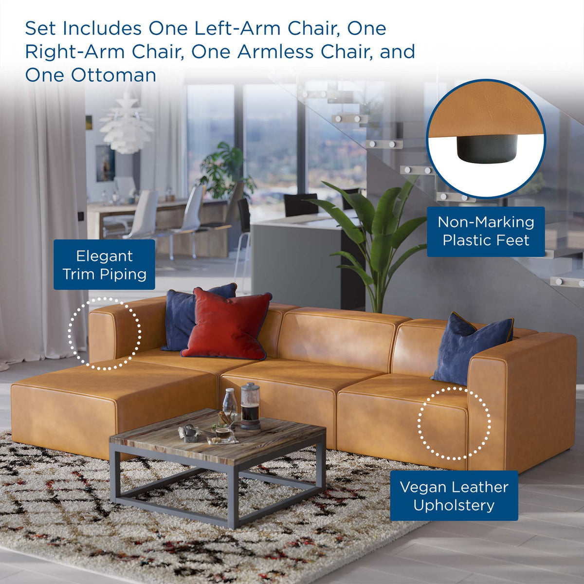 Mingle Vegan Leather Sofa and Ottoman Set - Tan