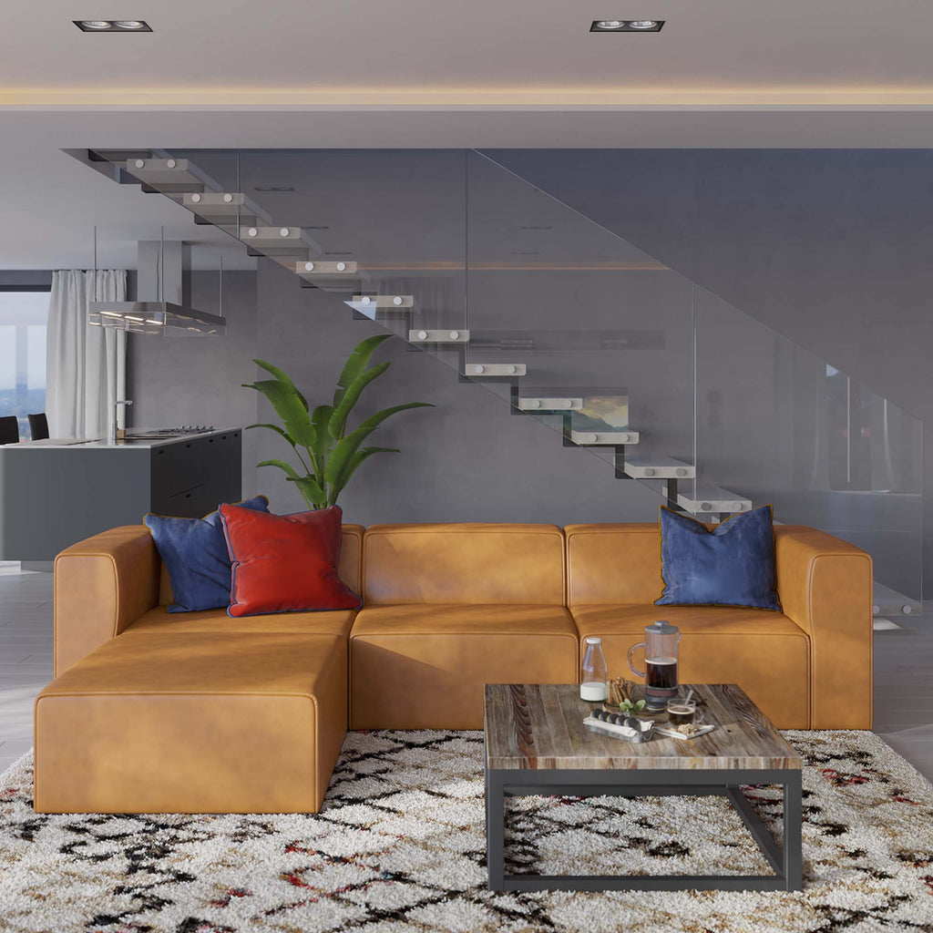 Mingle Vegan Leather Sofa and Ottoman Set - Tan