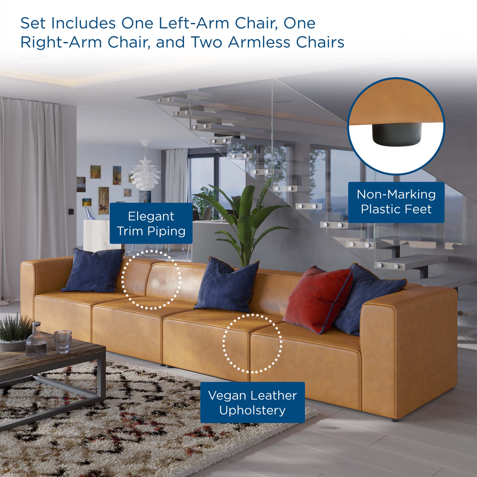 Mingle 4-Piece Vegan Leather Sectional Sofa - Tan