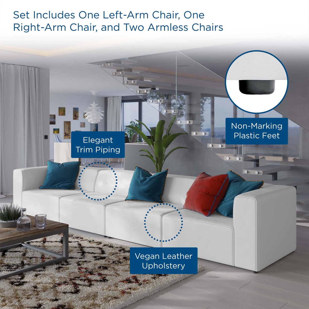 Mingle 4-Piece Vegan Leather Sectional Sofa - White