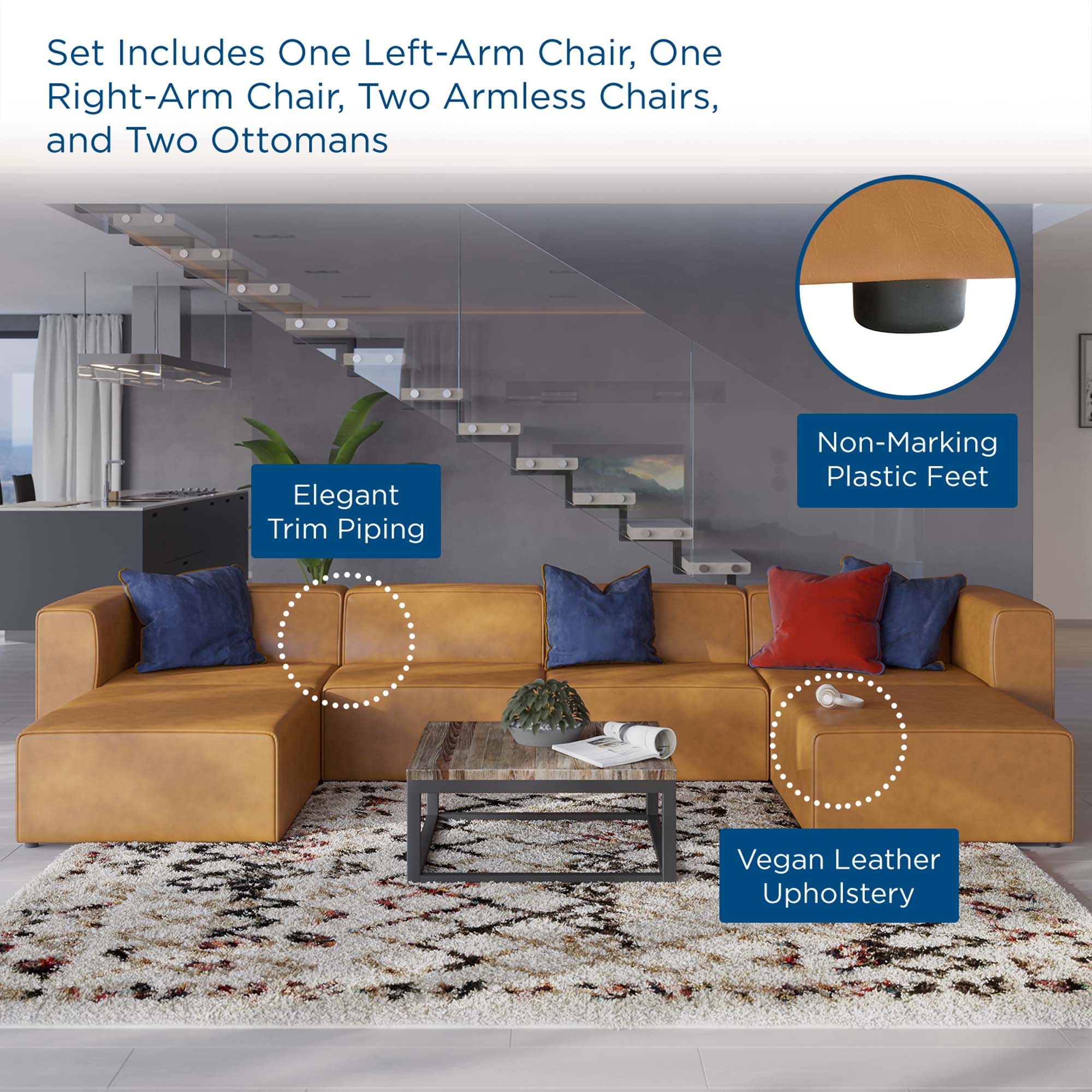 Mingle 4-Piece Vegan Leather Sofa and 2 Ottomans Set - Tan