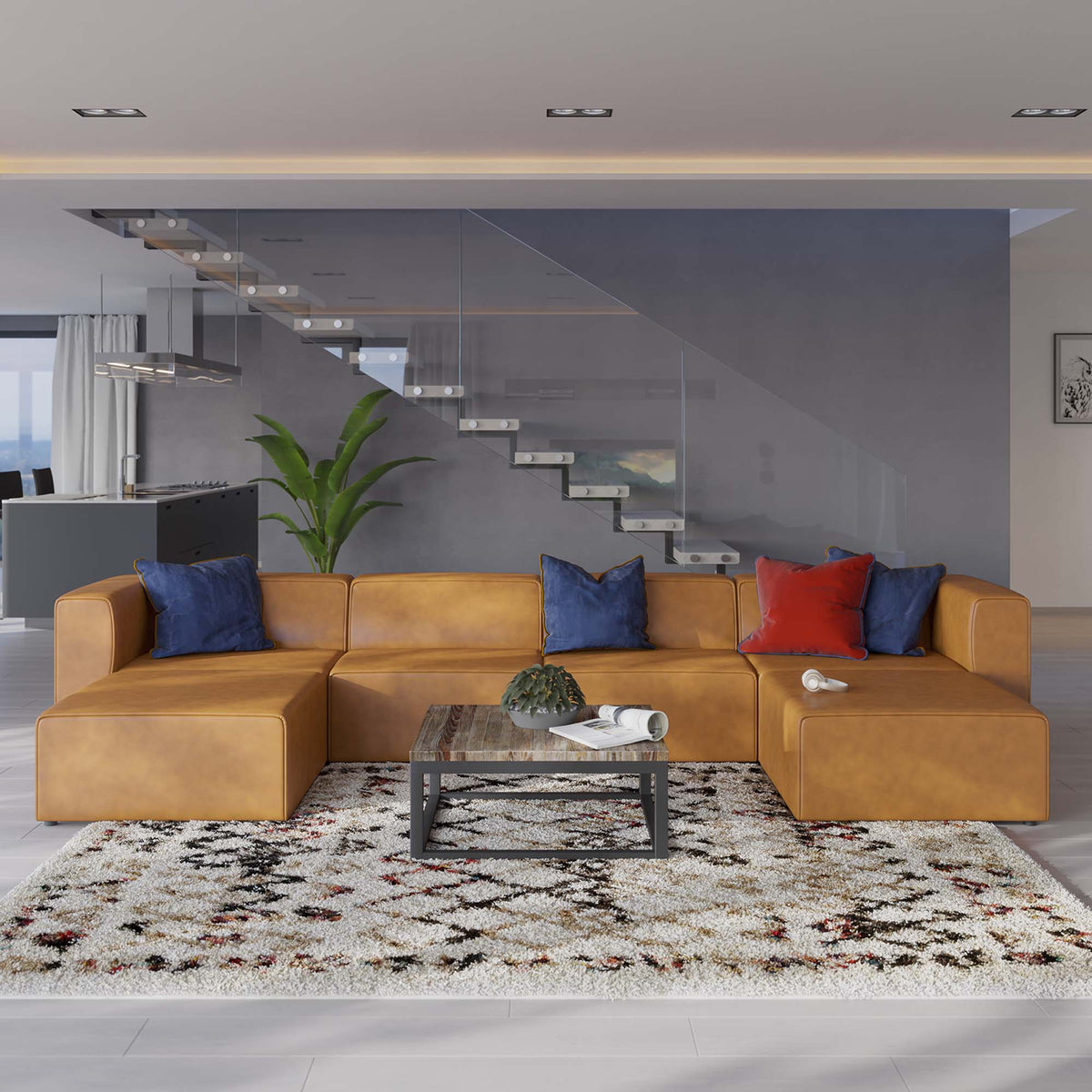 Mingle 4-Piece Vegan Leather Sofa and 2 Ottomans Set - Tan