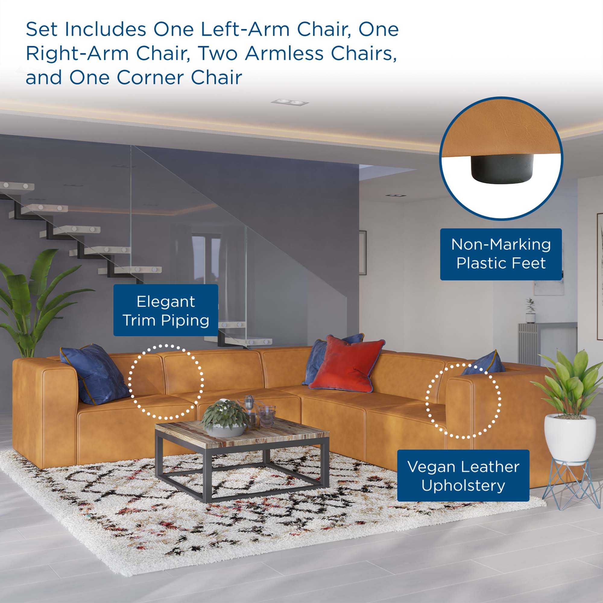 Mingle 5-Piece Vegan Leather Sectional Sofa - Tan