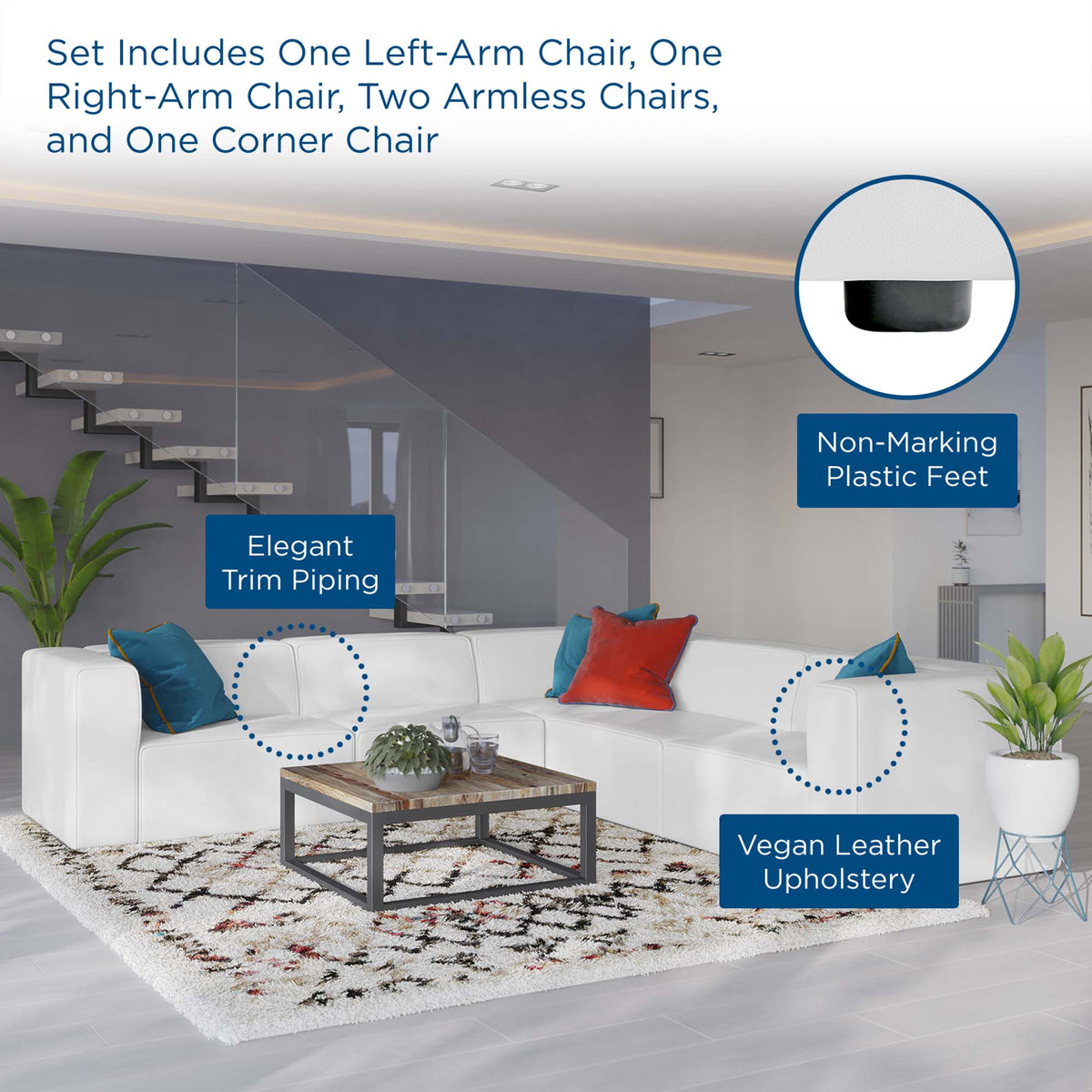 Mingle 5-Piece Vegan Leather Sectional Sofa - White