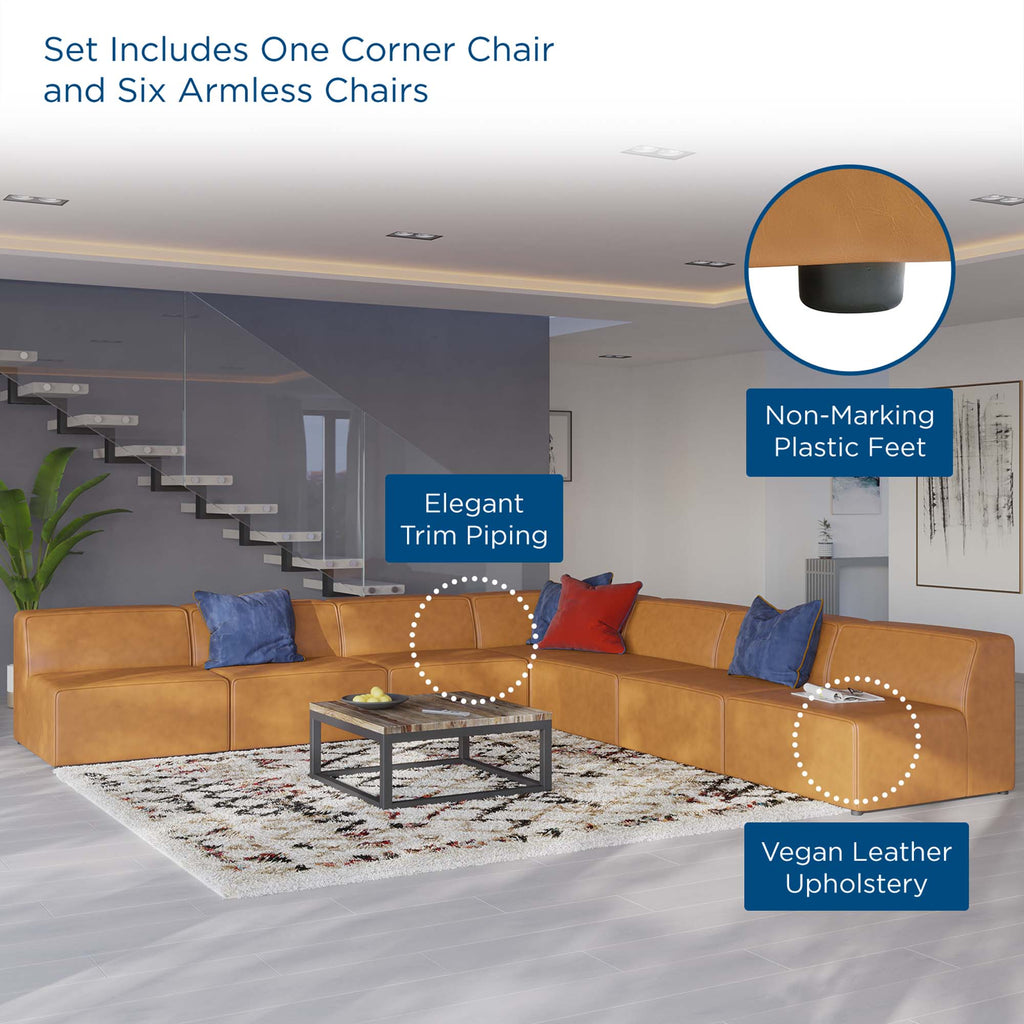 Mingle 7-Piece Vegan Leather Sectional Sofa - Tan (6 Armless Chairs, Corner Chair)