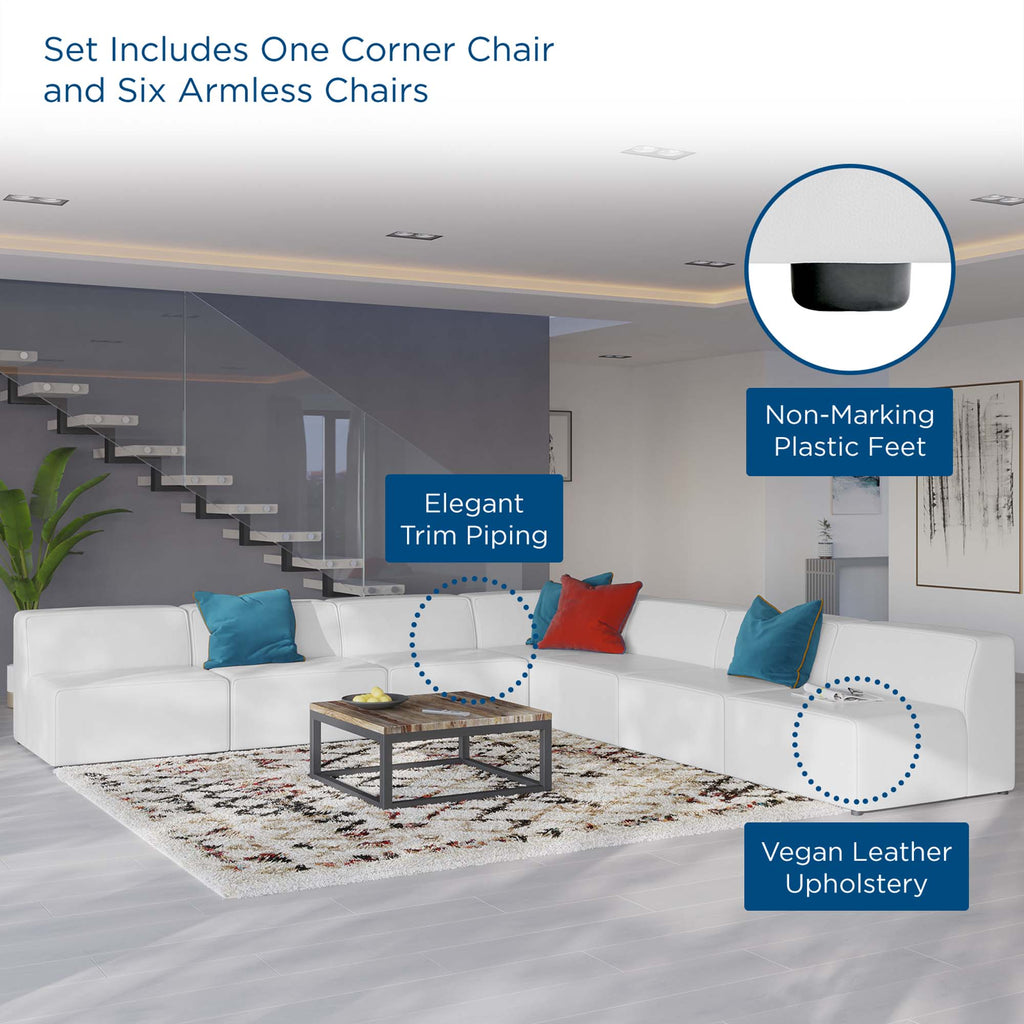 Mingle 7-Piece Vegan Leather Sectional Sofa - White (6 Armless Chairs, Corner Chair)
