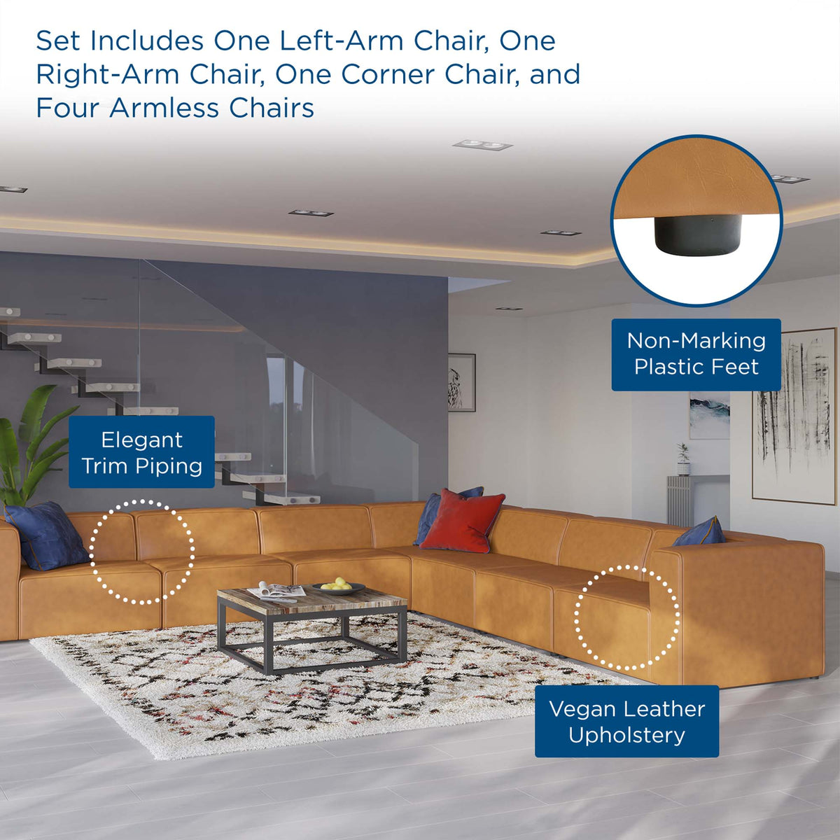 Mingle 7-Piece Vegan Leather Sectional Sofa - Tan (4 Armless Chairs, Corner Chair, Left-Arm Chair, Right-Arm Chair)