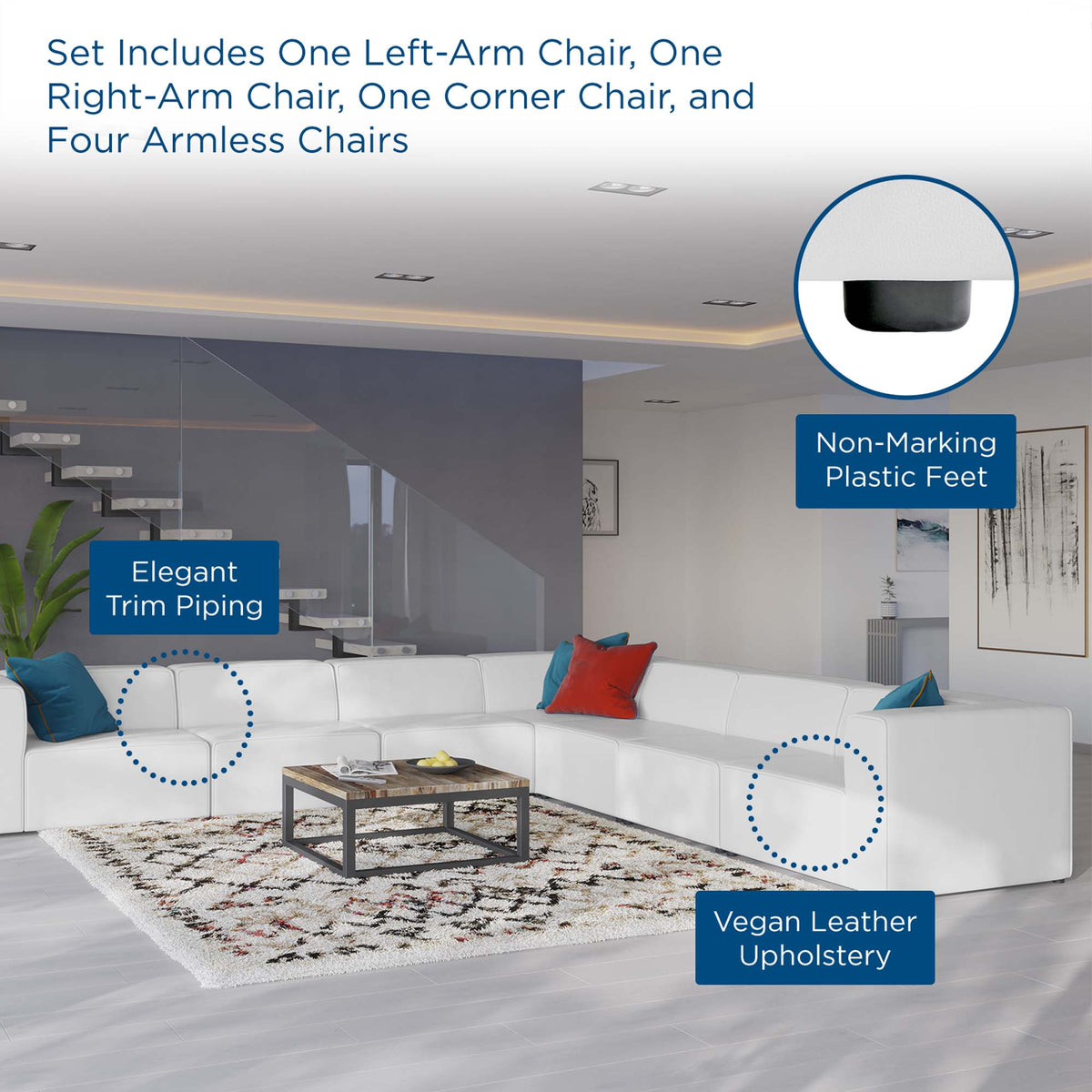 Mingle 7-Piece Vegan Leather Sectional Sofa - White (4 Armless Chairs, Corner Chair, Left-Arm Chair, Right-Arm Chair)