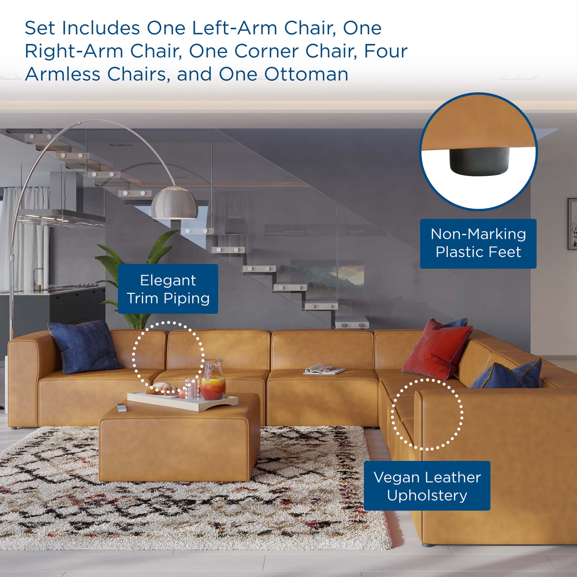 Mingle 8-Piece Vegan Leather Sectional Sofa Set - Tan