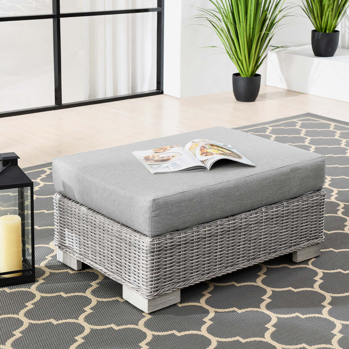 Conway Outdoor Patio Wicker Rattan Ottoman - Light Gray Gray
